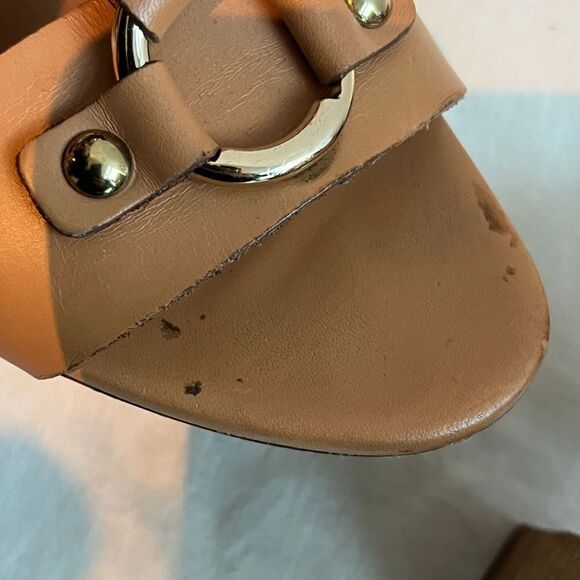 J.Crew Made in Italy Tan Leather Gold Finished Hardware Heel Sandal Size 8 - Picture 10 of 10